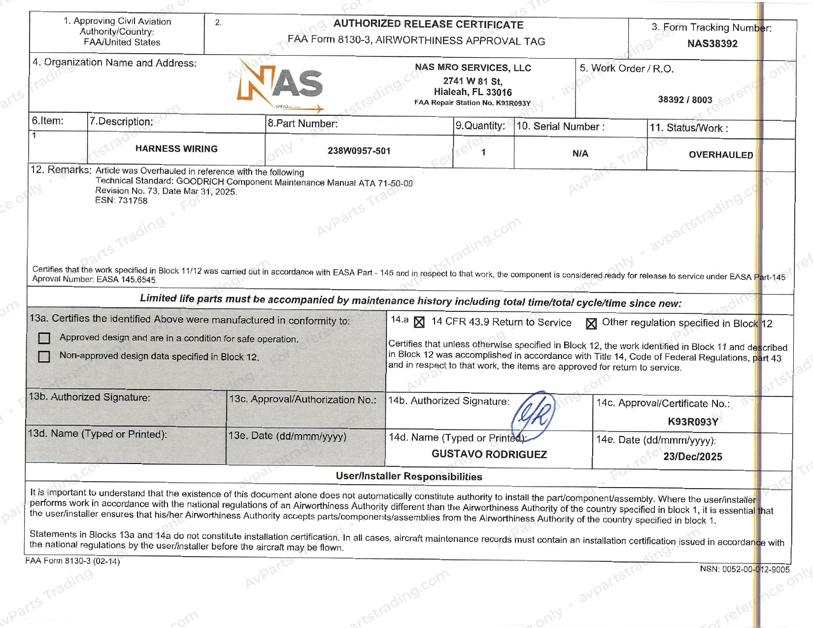 Shop Cert (FAA 8130-3) for 238W0957-501: NAS38392 · FAA 8130-3