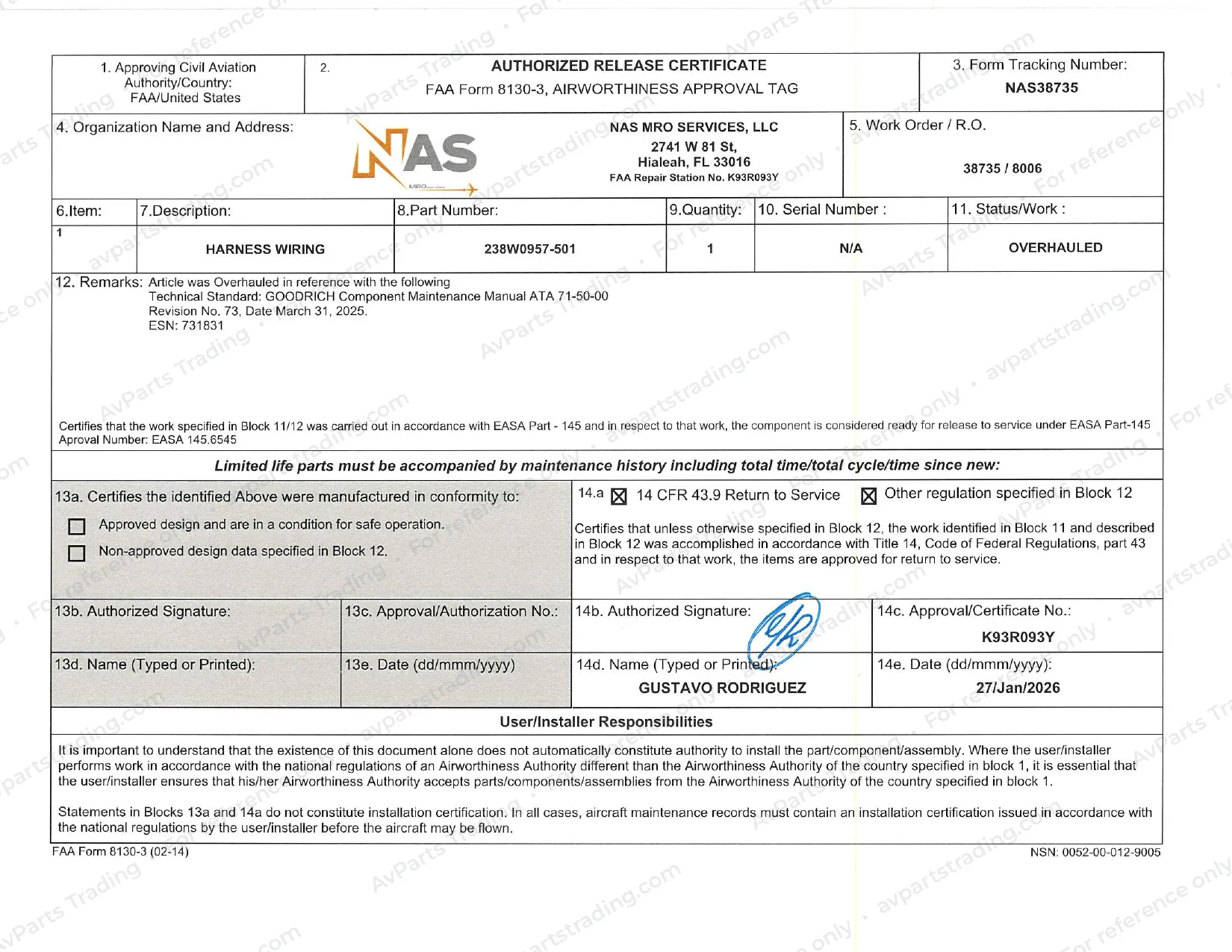 Shop Cert (FAA 8130-3) for 238W0957-501: NAS38735 · FAA 8130-3 (p.2)
