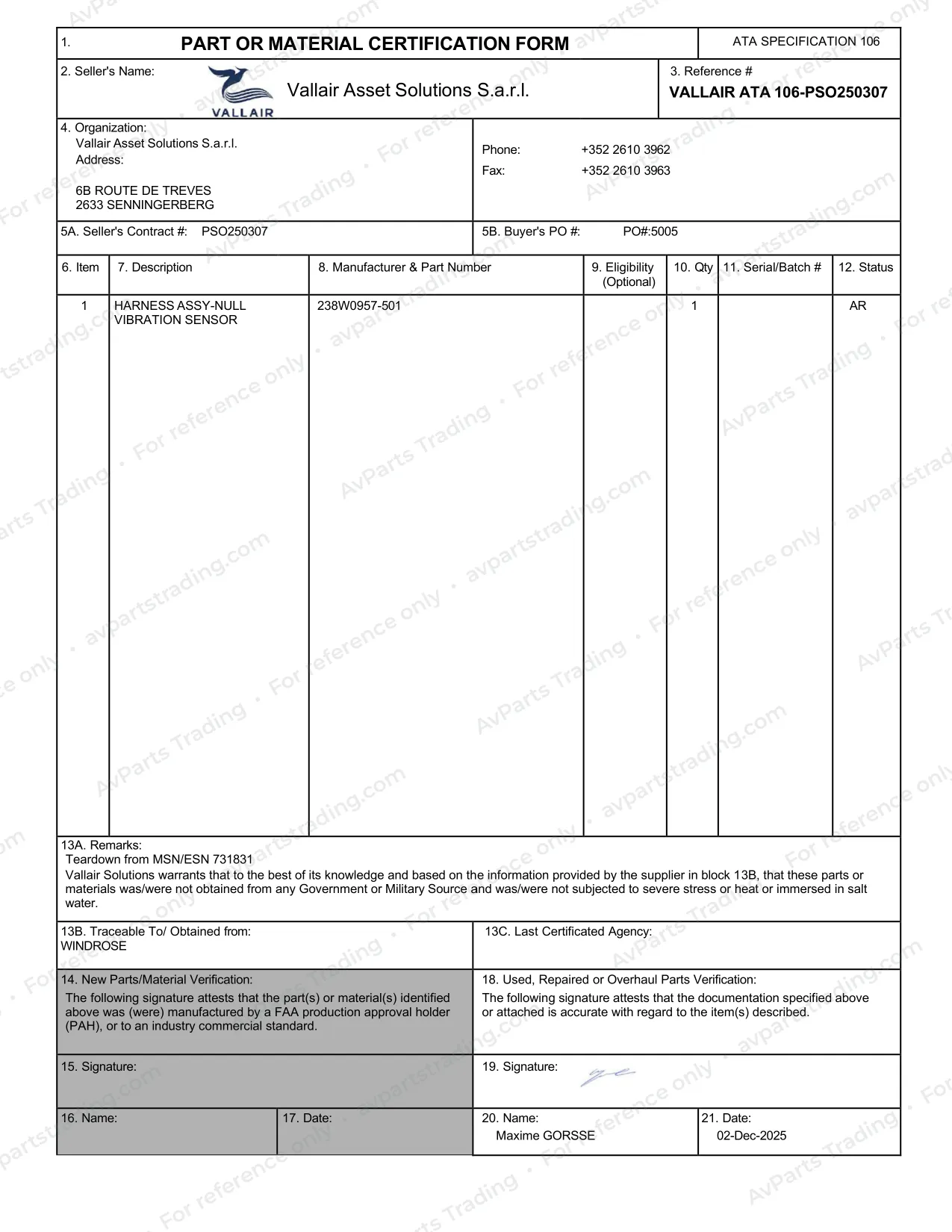 Trace for 238W0957-501: Vallair ATA 106 · harness, engine 731831