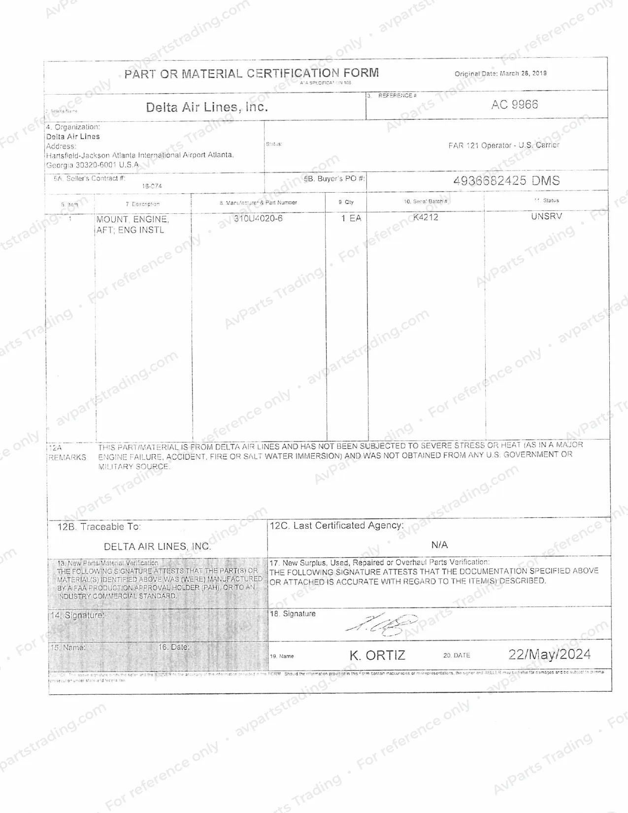 Trace for 310U4020-6: Delta Air Lines ATA 106 · S/N K4212