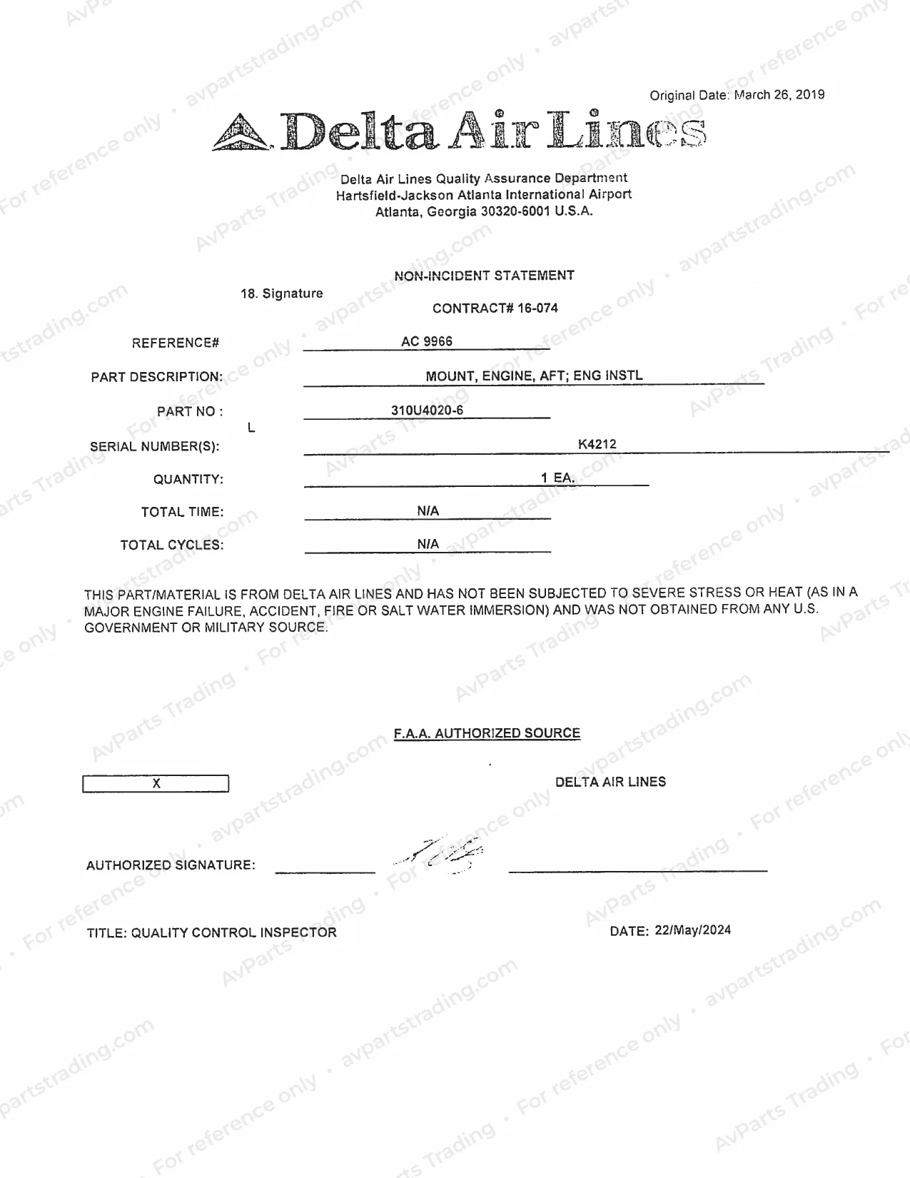 Trace for 310U4020-6: Delta non-incident statement · S/N K4212