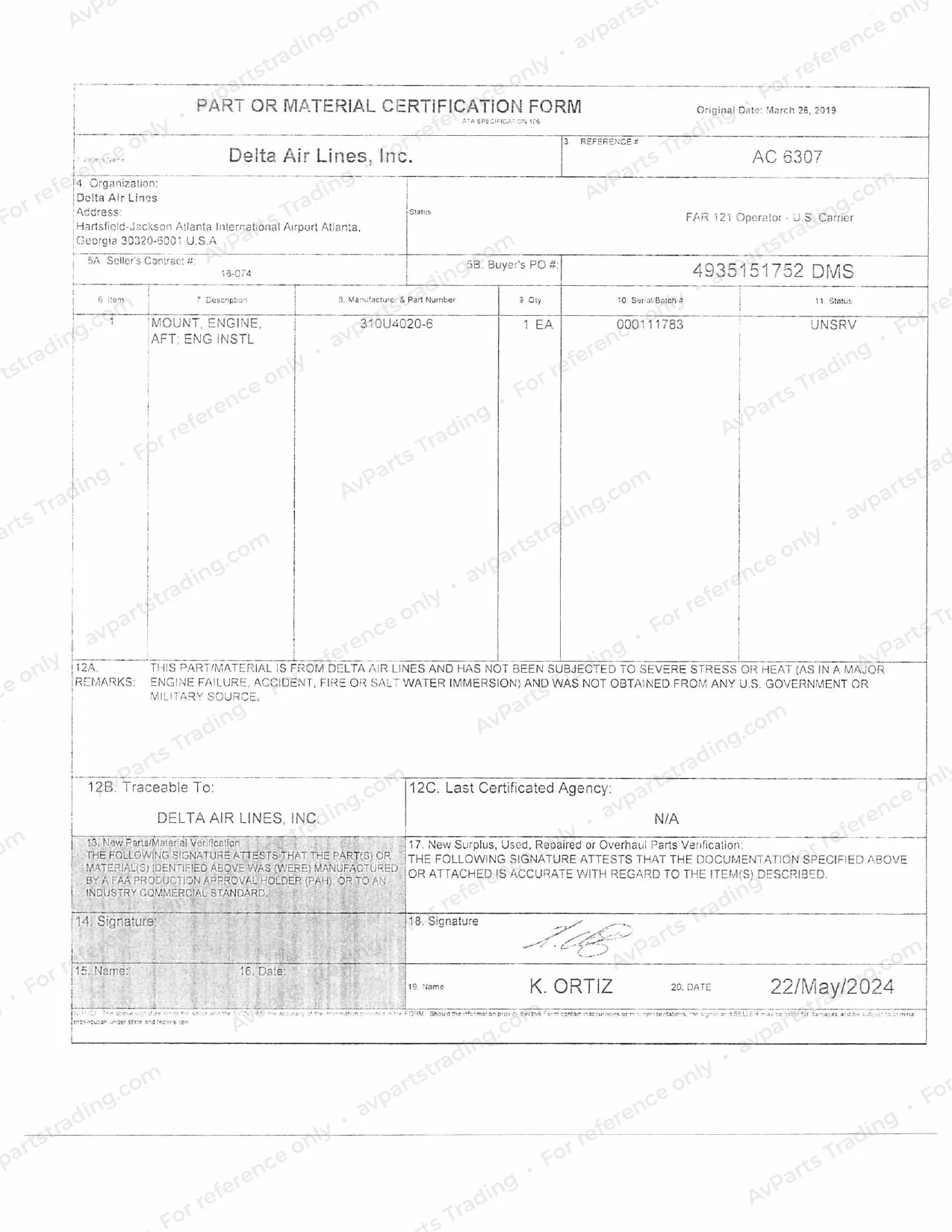 Trace for 310U4020-6: Delta Air Lines ATA 106 · S/N 000111783