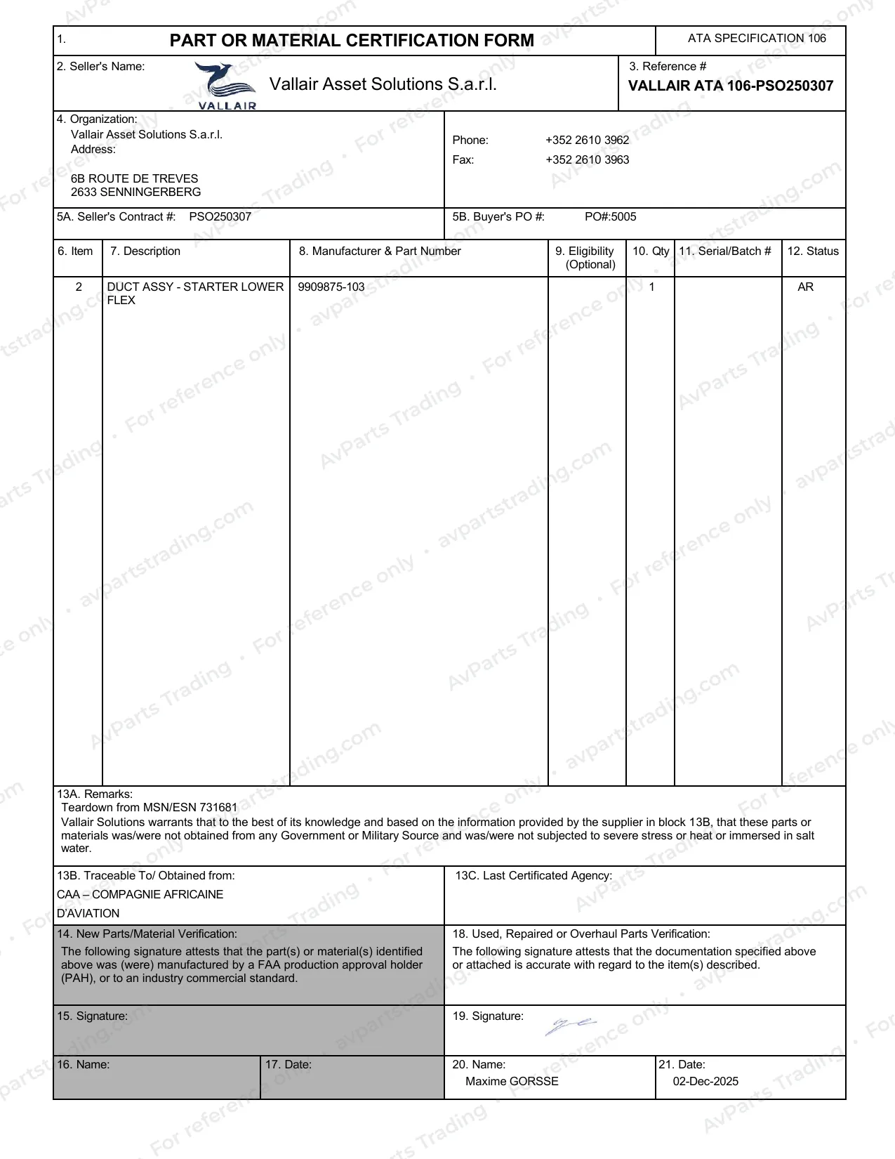 Trace for 9909875-103: Vallair ATA 106 PSO250307 · shared lot record 2