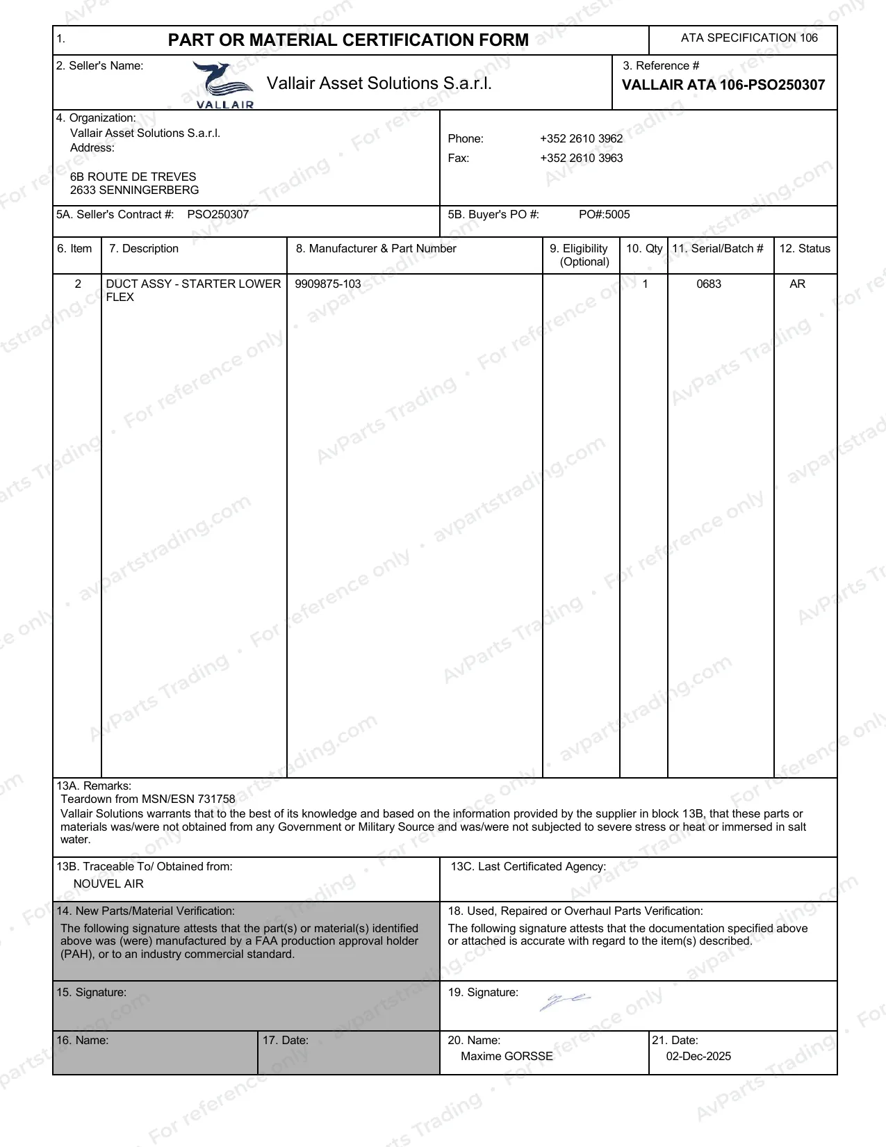 Trace for 9909875-103: Vallair ATA 106 PSO250307 · shared lot record 3