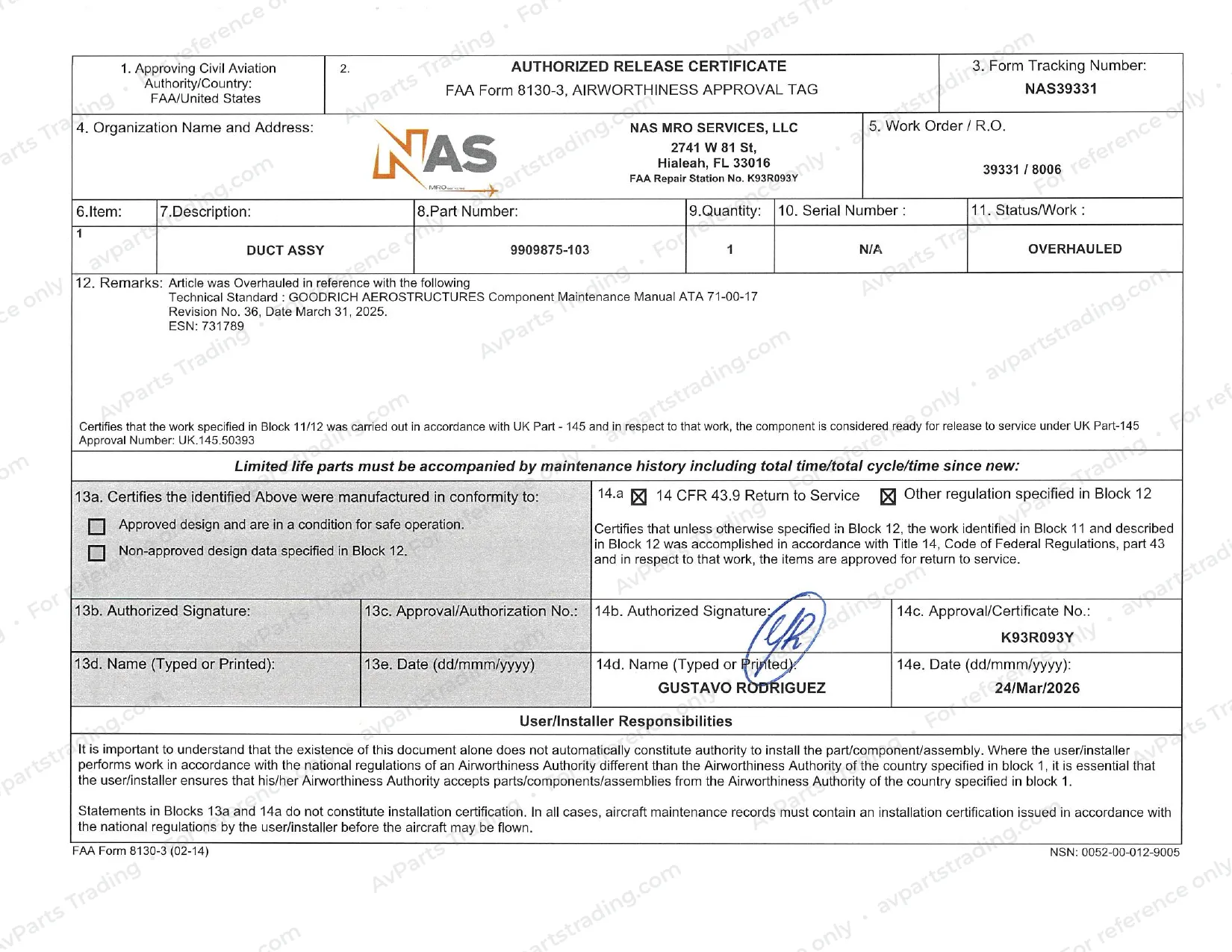 Shop Cert (FAA 8130-3) for 9909875-103: NAS39331 · FAA 8130-3 (p.1)