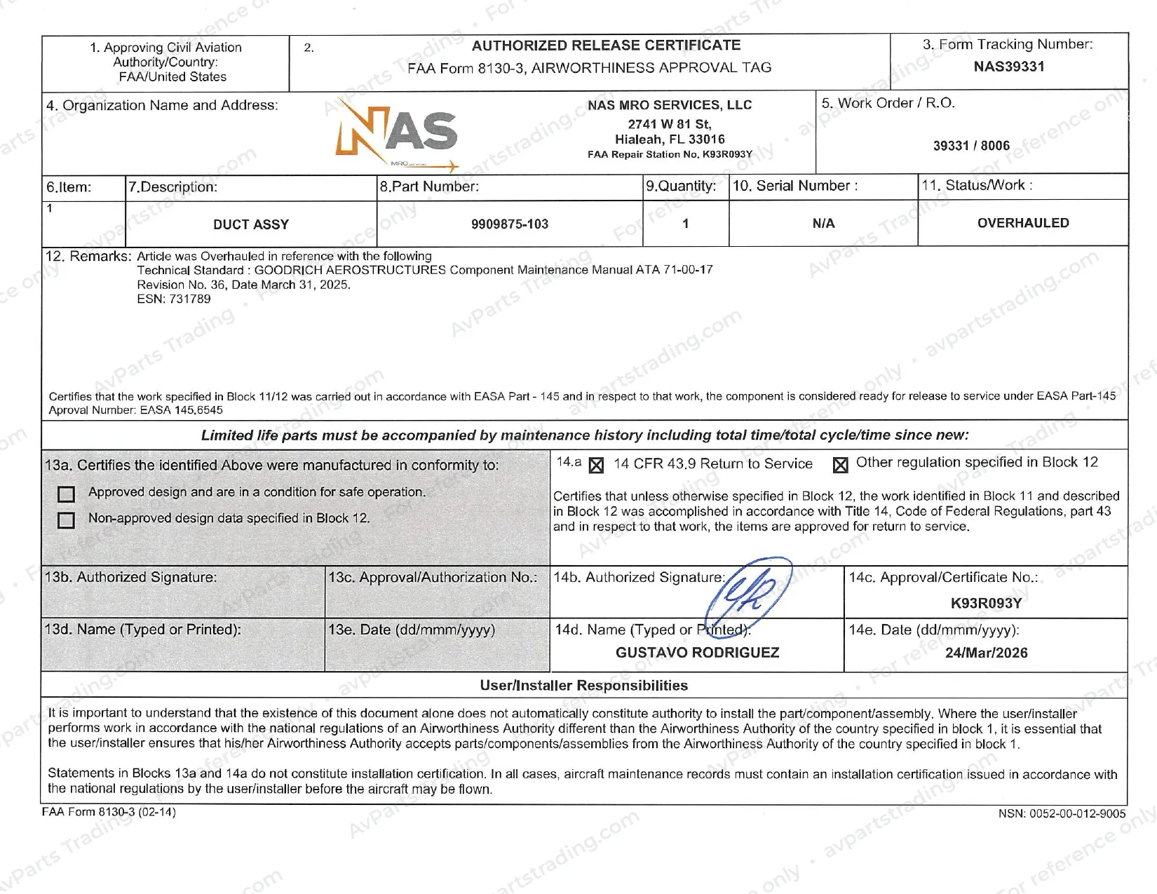 Shop Cert (FAA 8130-3) for 9909875-103: NAS39331 · FAA 8130-3 (p.2)