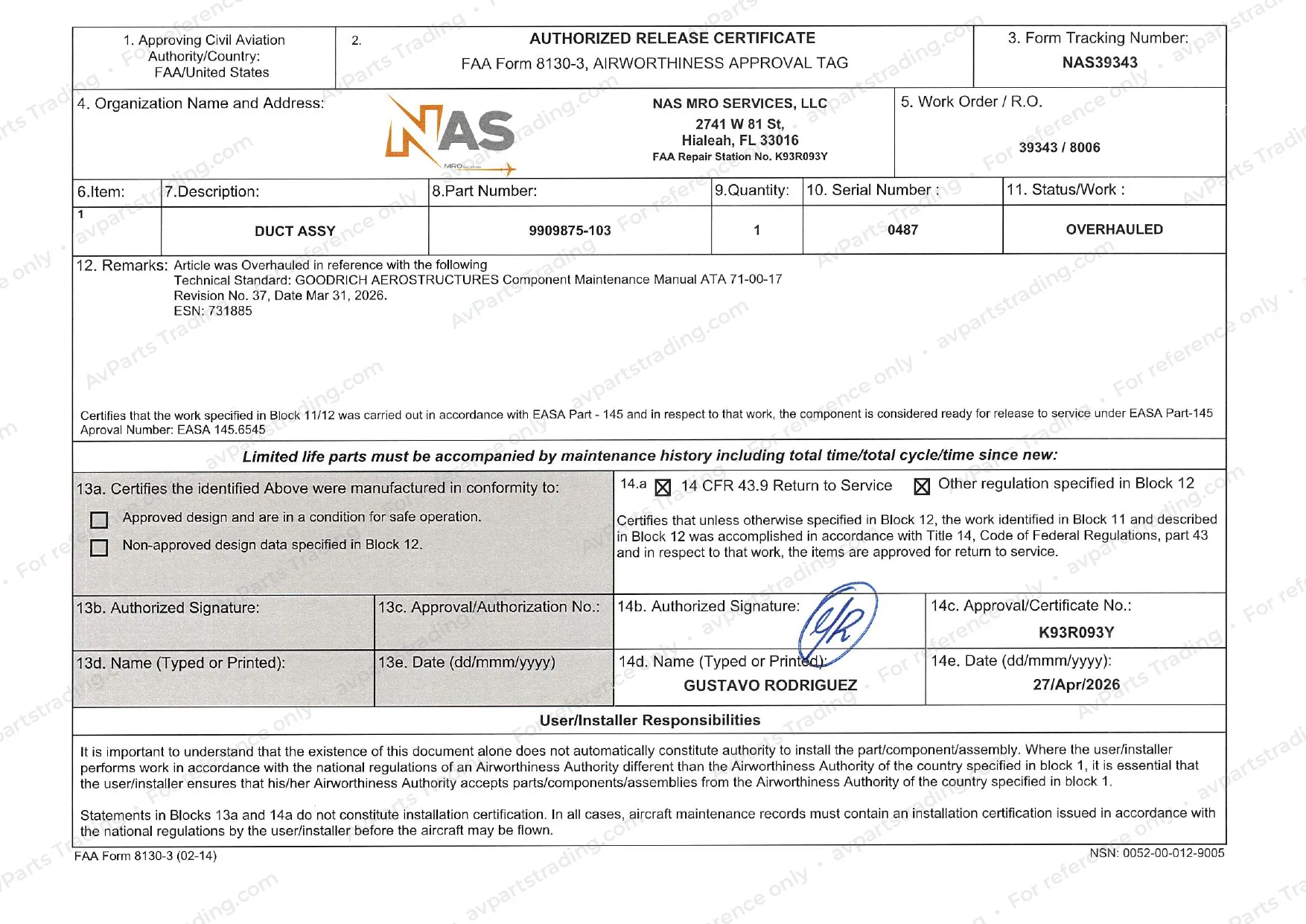 Shop Cert (FAA 8130-3) for 9909875-103: NAS39343 · S/N 0487 · FAA 8130-3 (p.1)