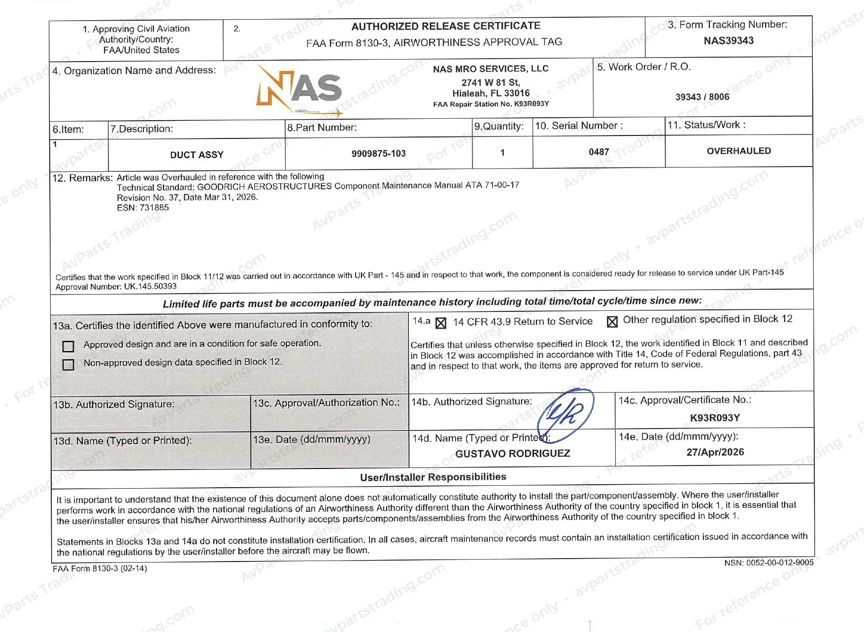 Shop Cert (FAA 8130-3) for 9909875-103: NAS39343 · S/N 0487 · FAA 8130-3 (p.2)