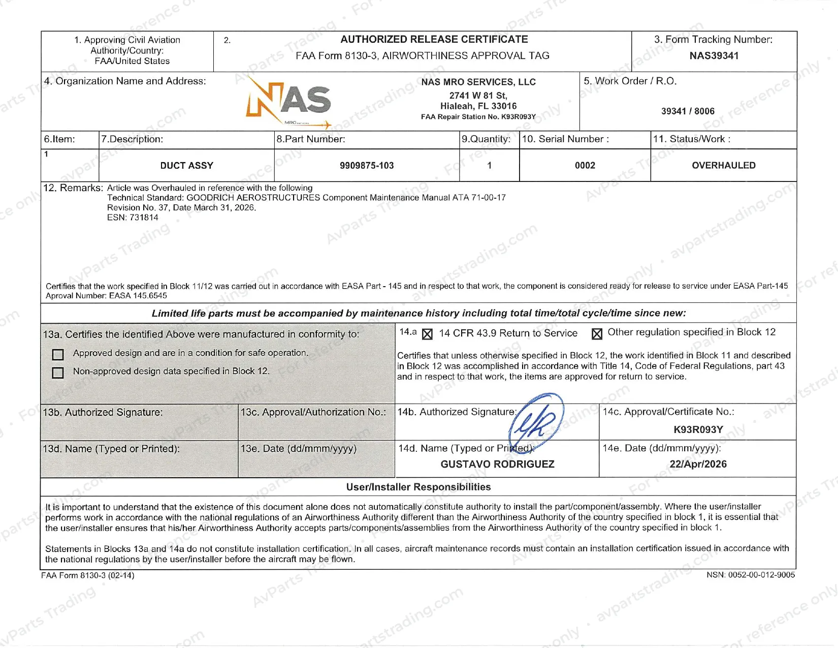 Shop Cert (FAA 8130-3) for 9909875-103: NAS39341 · S/N 0002 · FAA 8130-3