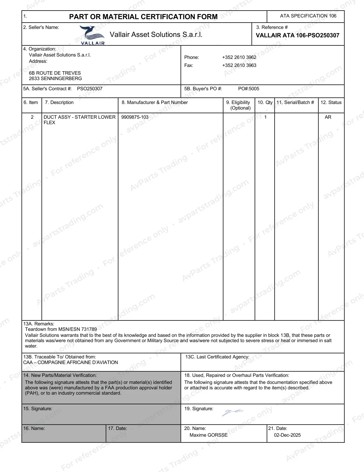 Trace for 9909875-103: Vallair ATA 106 · S/N N/A (engine 731789)
